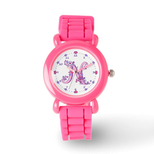 Letter N roze monogram gepersonaliseerde meisjes h Horloge (Voorkant)