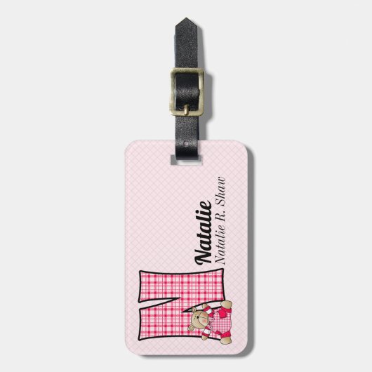 Letter N Teddy Bear in Pink Gingham Checks Bagagelabel (Voorkant verticaal)