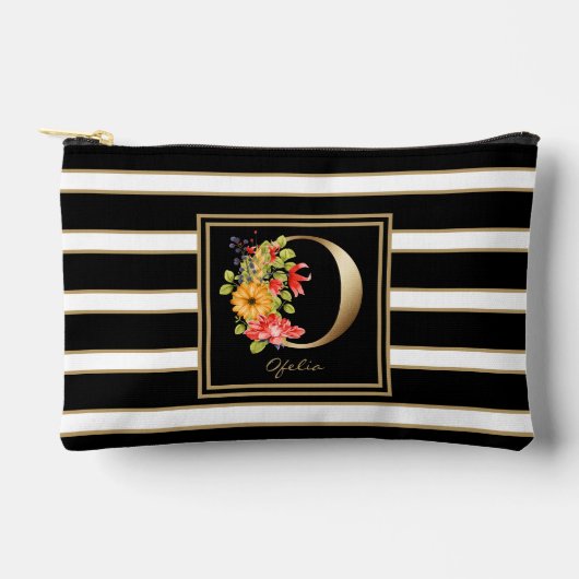 Letter O Bloemmonogram Zwart Wit Gouden Strepen Etui (Voorkant)