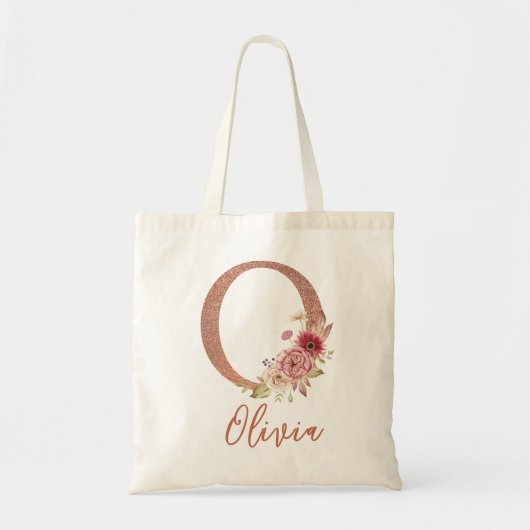 Letter O Blush roze Glitter Floral Monogram Tote Bag (Voorkant)