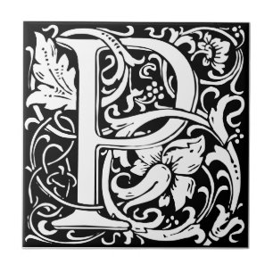 Letter P art nouveau black and white Tegel Tegeltje