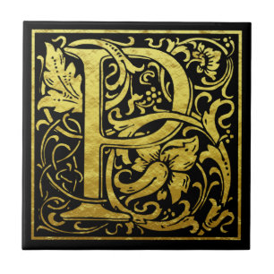 Letter P First Letter Faux Gold Black Tegeltje