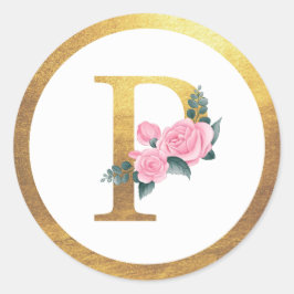 Letter P Monogram Roze Rozen Bloemen & Elegant Gou Ronde Sticker