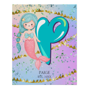 Letter P Monogram Waterverf Cute Mermaid Nursery Perfect Poster