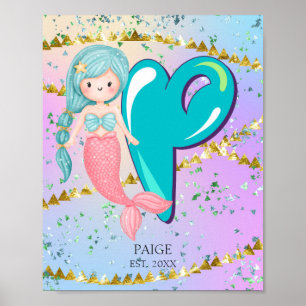 Letter P Monogram Waterverf Cute Mermaid Nursery Poster