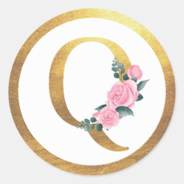 Letter Q Monogram Roze Rozen Bloemen & Elegant Gou Ronde Sticker