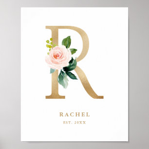 Letter R Blush Floral Monogram Gold Foil Nursery Poster