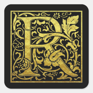 Letter R Eerste letter Faux Goud Zwart Vierkante Sticker