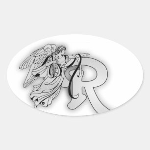 Letter R Engel Monogram Initiaal Ovale Sticker