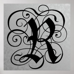 Letter R, Gothic Monogram Black Poster