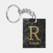 Letter R Monogram op zwarte marmer Sleutelhanger (Voorkant Links)