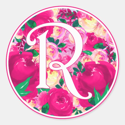 Letter R roze Waterverf bloemcirkel monogram Ronde Sticker (Voorkant)