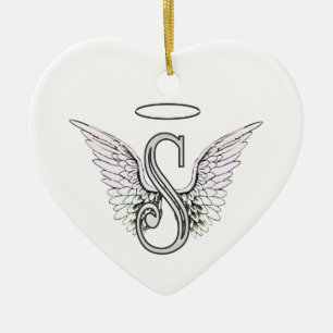 Letter S Initiaal Monogram met Angel Wings & Halo Keramisch Ornament
