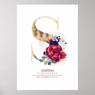 Letter S Monogram Bloemendecor Navyblauw en Burgun Poster