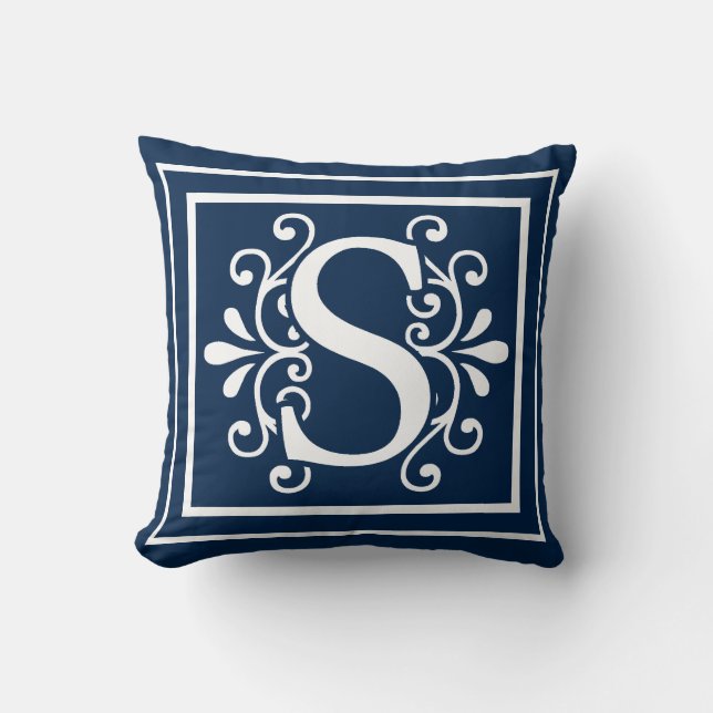 Letter S Monogram Navy Blue White Kussen (Voorkant)