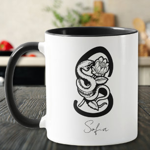 Letter S Zwarte Monogram–Slang & Bloem Minimalis Mok