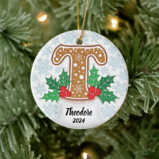 Letter T Aangepaste naam Monogram Kerstmis Keramisch Ornament