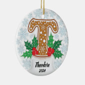 Letter T Aangepaste naam Monogram Kerstmis Keramisch Ornament (Rechts)