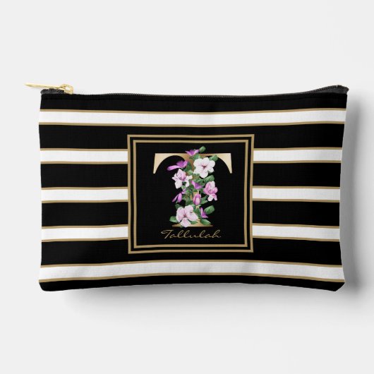Letter T Bloemmonogram Zwart Wit Gouden Strepen Etui (Voorkant)