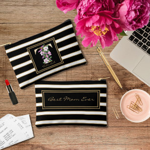 Letter T Bloemmonogram Zwart Wit Gouden Strepen Etui