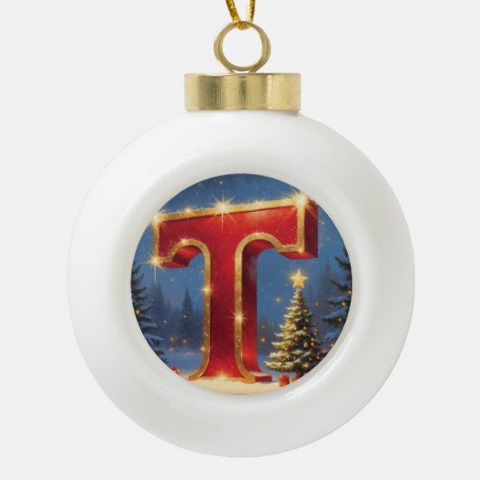 Letter T Christmas Tree Personalized Initial Keramische Bal Ornament (Voorkant)