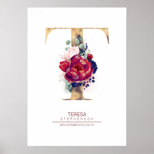 Letter T Monogram Florale Navyblauw en Burgundyroo Poster