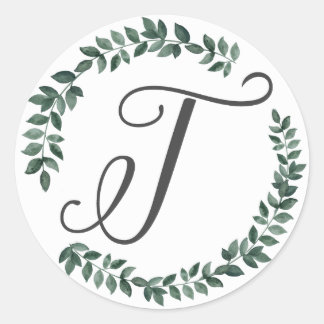Letter T Monogram Minimalistische Botanische Bladk Ronde Sticker