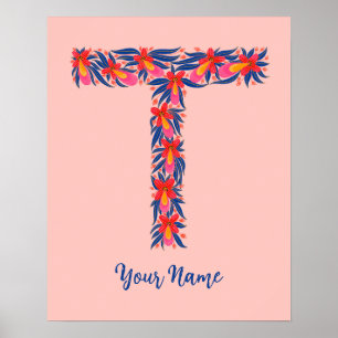 letter T op maat gemaakte bloemige wandkunst Poster