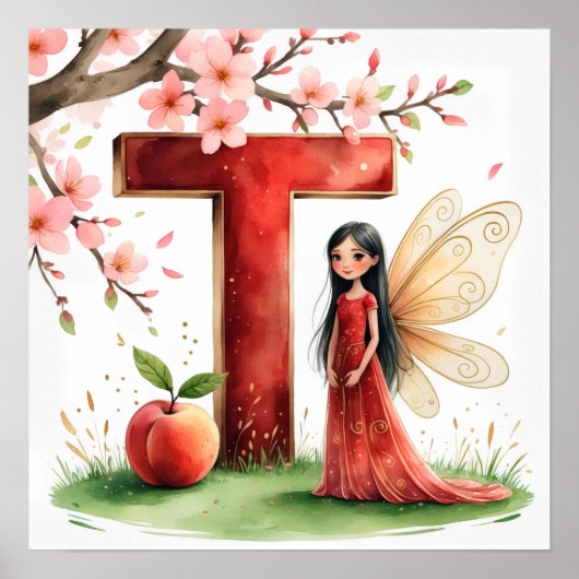 Letter T Peach Fairy Poster Chinese Alphabet Art (Devant)