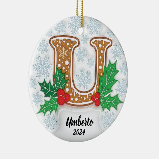 Letter U Aangepaste naam Monogram Kerstmis Keramisch Ornament (Rechts)