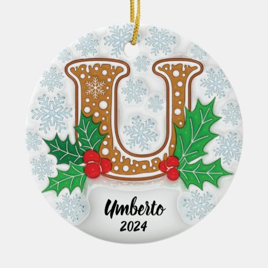 Letter U Aangepaste naam Monogram Kerstmis Keramisch Ornament (Voorkant)