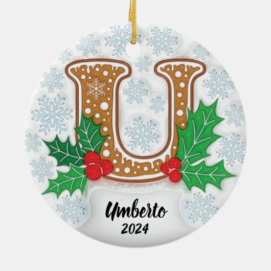 Letter U Aangepaste naam Monogram Kerstmis Keramisch Ornament (Achterkant)