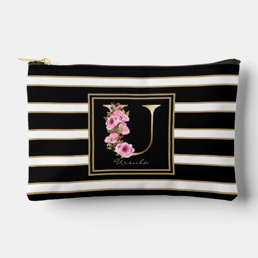 Letter U Bloemmonogram Zwart Wit Gouden Strepen Etui (Voorkant)