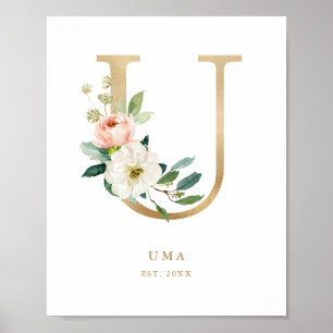 Letter U Blush Floral Monogram Gold Foil Nursery Poster