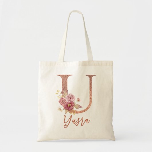 Letter U Blush roze Glitter Floral Monogram Tote Bag (Voorkant)