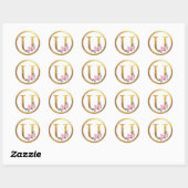 Letter U Monogram Roze Rozen Bloemen & Elegant Gou Ronde Sticker (Vel)