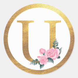 Letter U Monogram Roze Rozen Bloemen & Elegant Gou Ronde Sticker