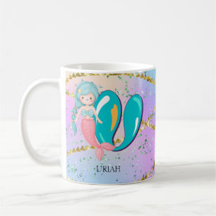 Letter U Monogram Waterverf Cute Mermaid Nursery Koffiemok