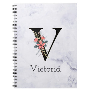Letter "V" Boho Floral Monogram White Marble Notitieboek