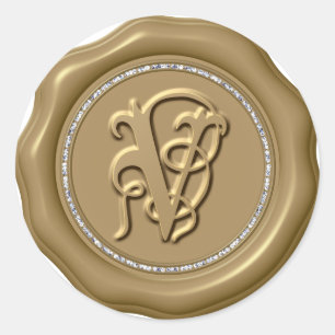 *~* Letter V Diamond Circle GOUDEN Wax Seal Sticke Ronde Sticker