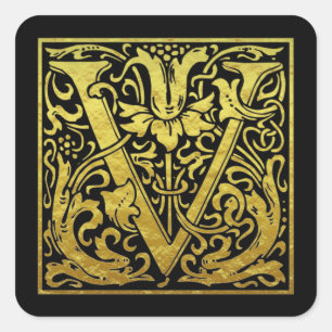 Letter V First Letter Faux Gold Black Vierkante Sticker