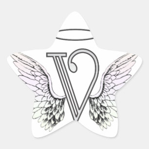 Letter V Initiaal Monogram met Angel Wings & Halo Ster Sticker