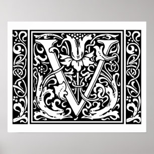 Letter V Medieval Monogram Initiaal Poster
