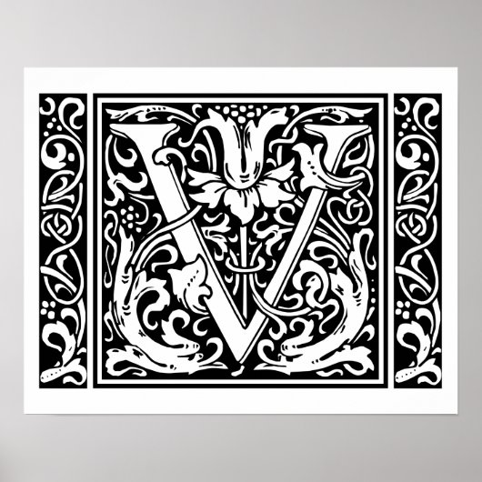 Letter V Medieval Monogram  Initiaal Poster (Voorkant)