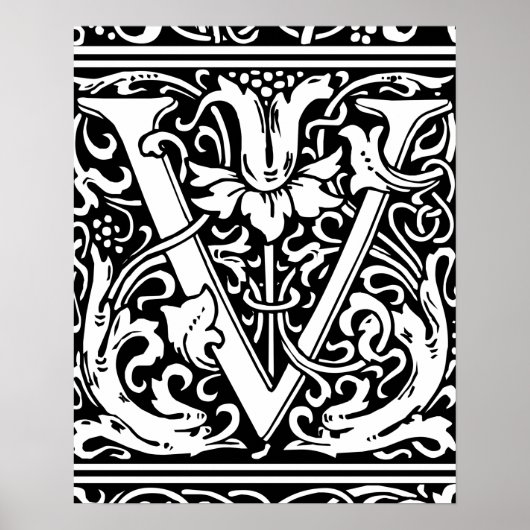 Letter V Medieval Monogram  Initiaal Poster (Voorkant)