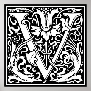 Letter V Medieval Monogram Initiaal Poster
