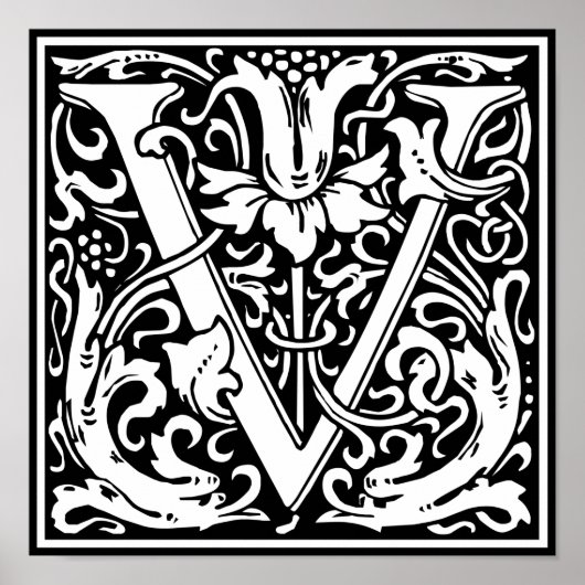 Letter V Medieval Monogram  Initiaal Poster (Voorkant)