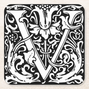 Letter V Middeleeuwse Monogram Art Nouveau Vierkante Kartonnen Onderzetter