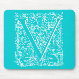  letter V Monogram Aqua Blauwgroen Neon Blue "V" Muismat