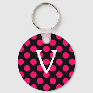 Letter V op Black Pink Polka Dots Sleutelhanger